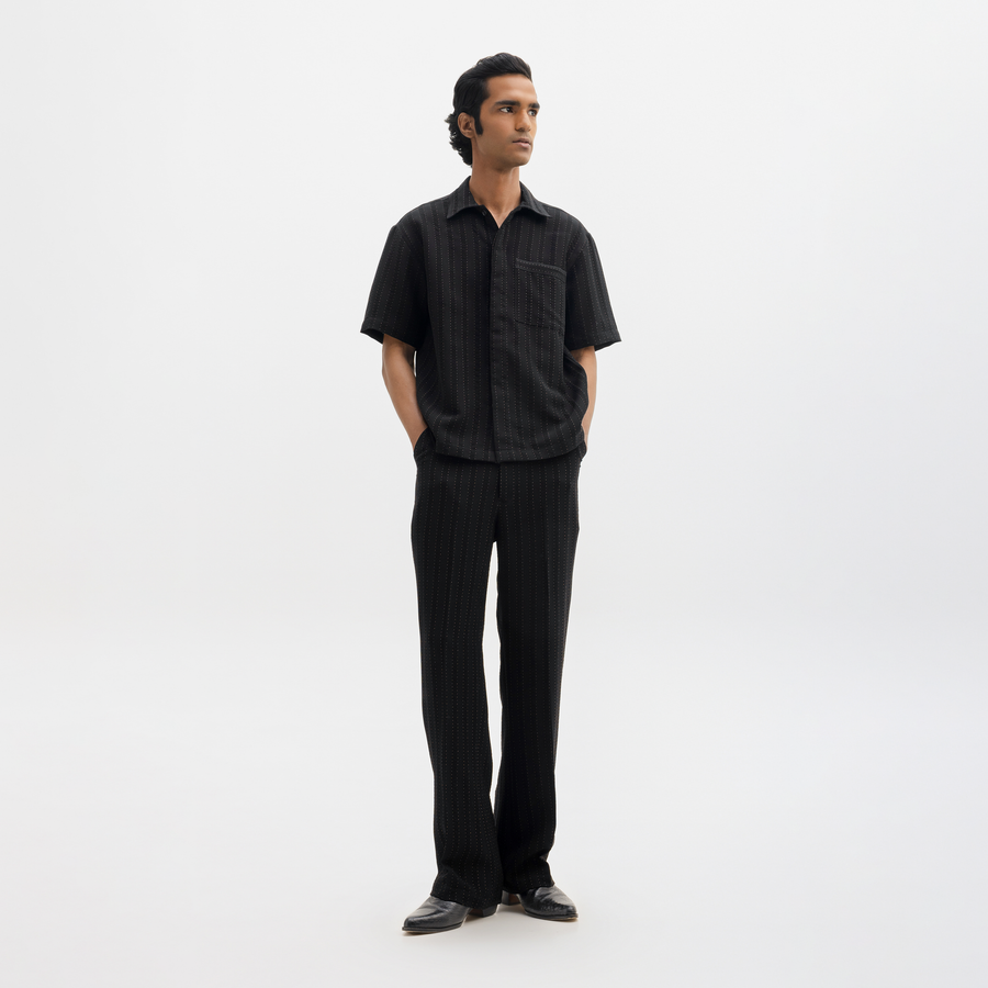 PINSTRIPE CUBAN SHIRT- JET BLACK