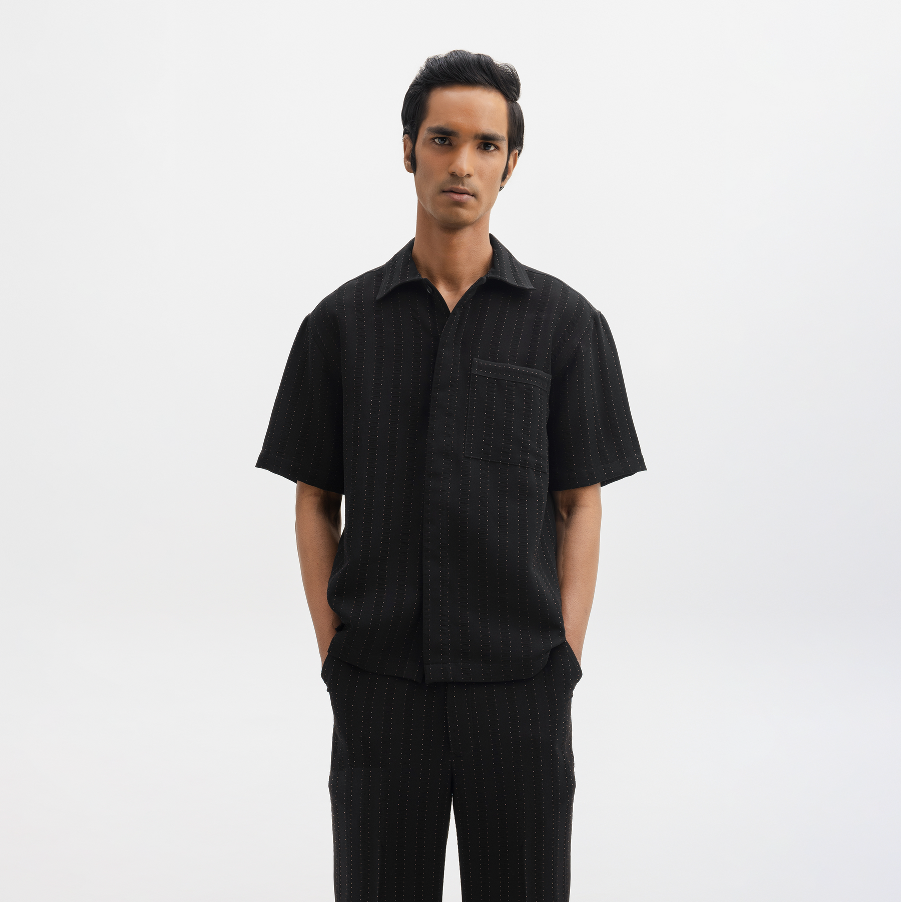 PINSTRIPE CUBAN SHIRT- JET BLACK