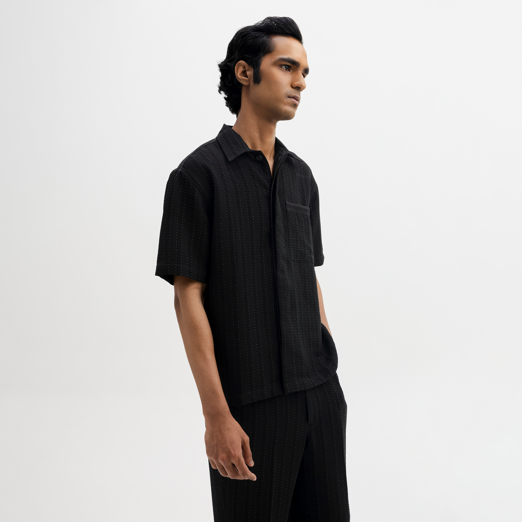 PINSTRIPE CUBAN SHIRT - JET BLACK
