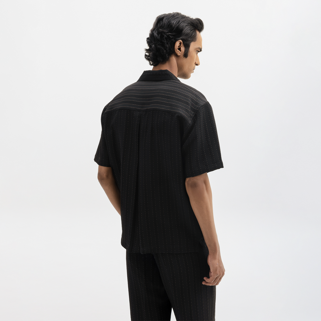 PINSTRIPE CUBAN SHIRT - JET BLACK