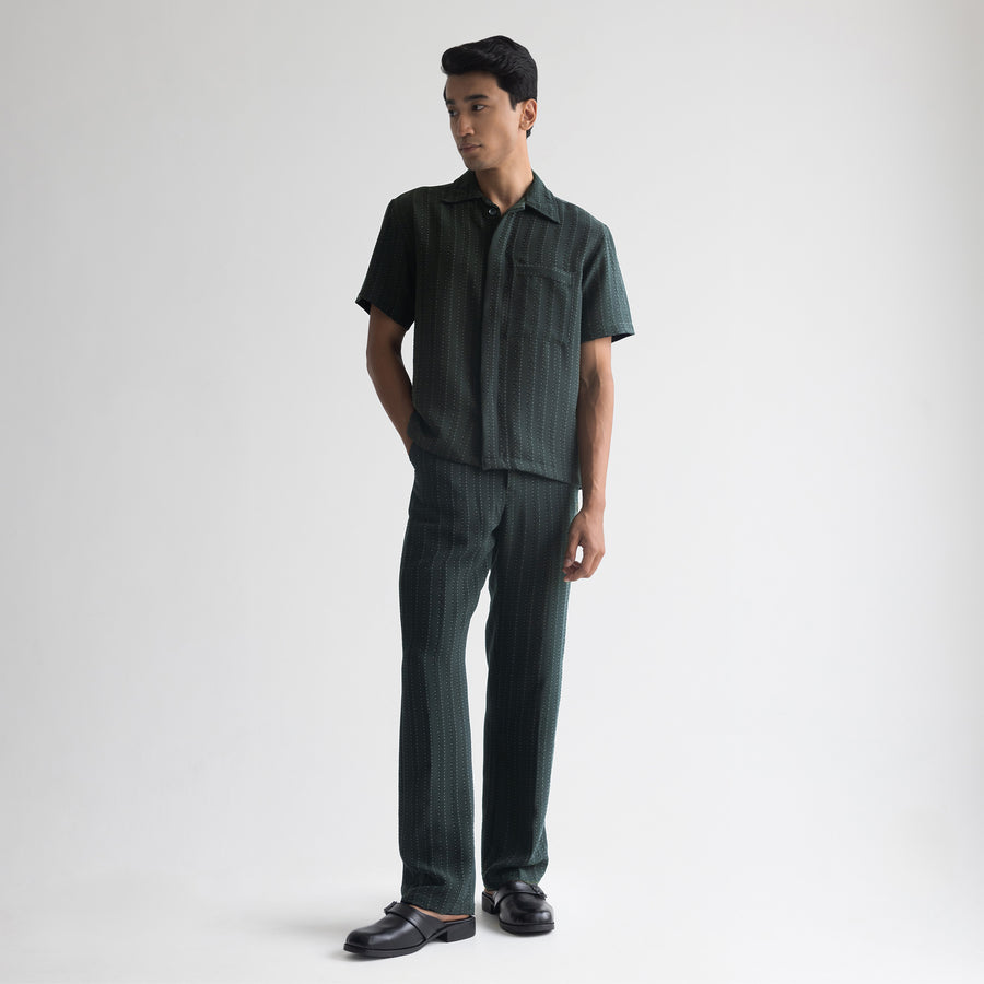 PINSTRIPE CUBAN SHIRT - FOREST GREEN