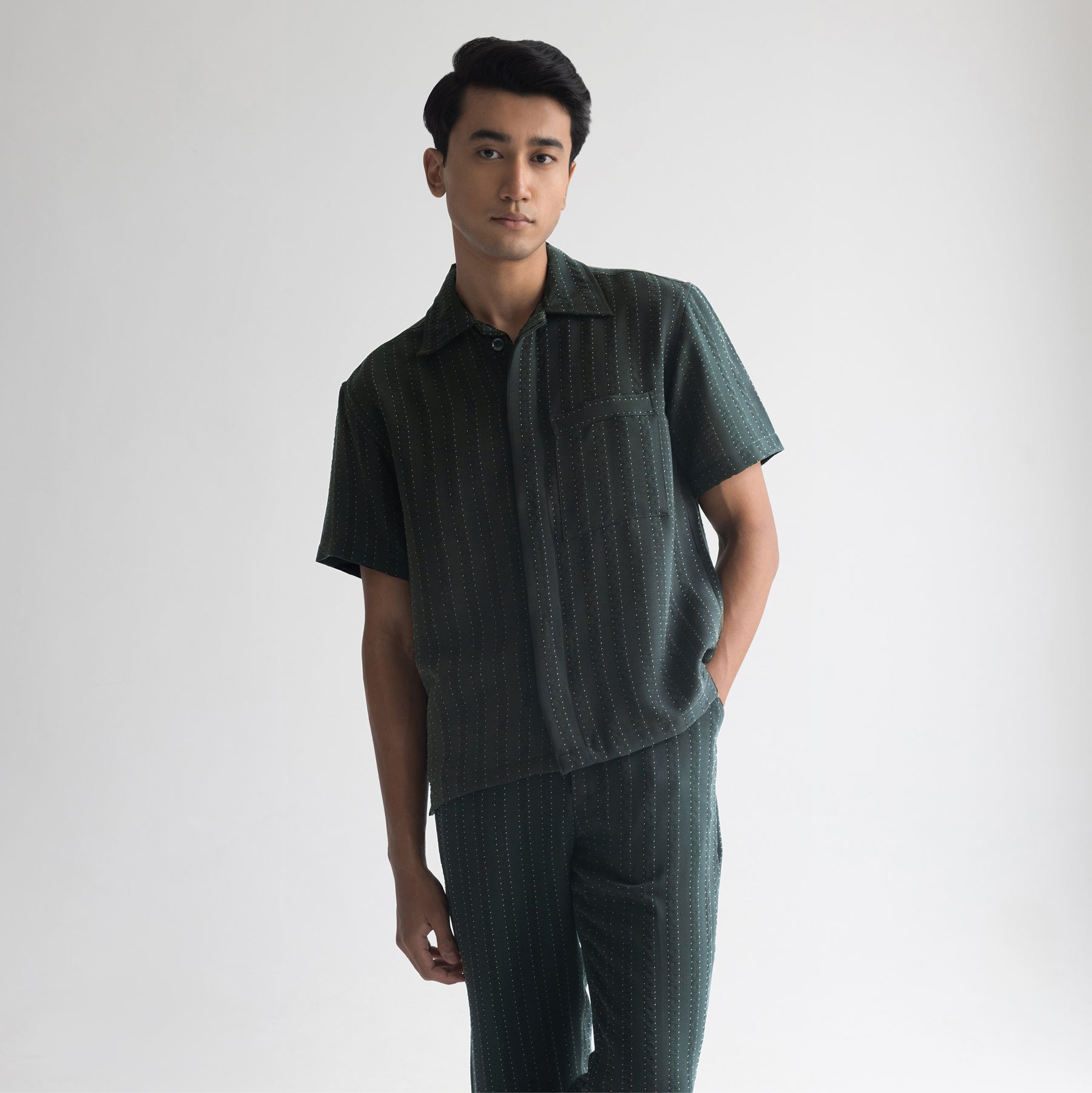 PINSTRIPE CUBAN SHIRT - FOREST GREEN