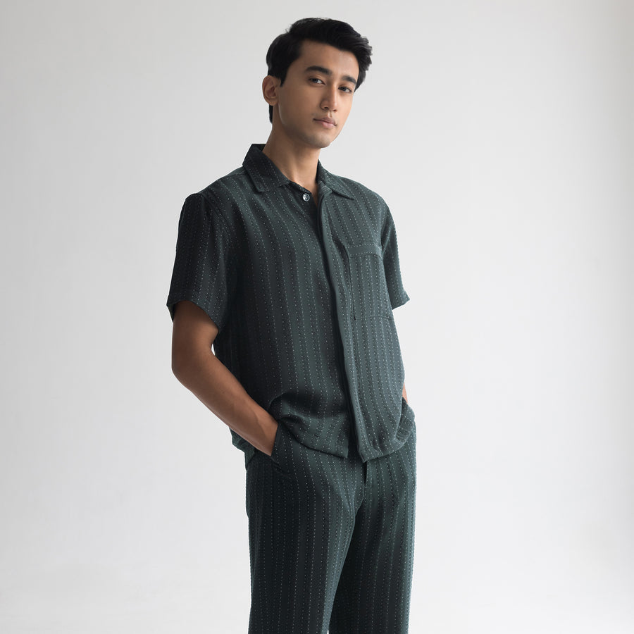 PINSTRIPE CUBAN SHIRT - FOREST GREEN