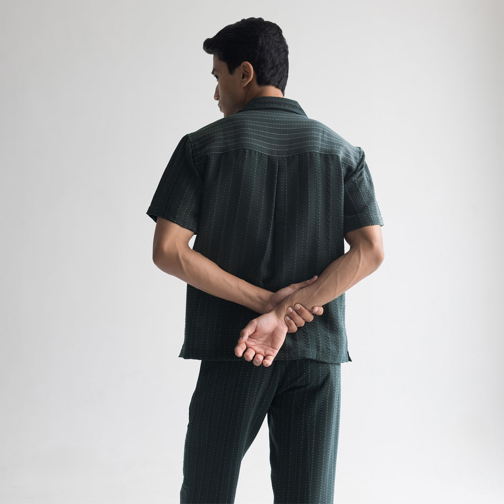 PINSTRIPE CUBAN SHIRT - FOREST GREEN