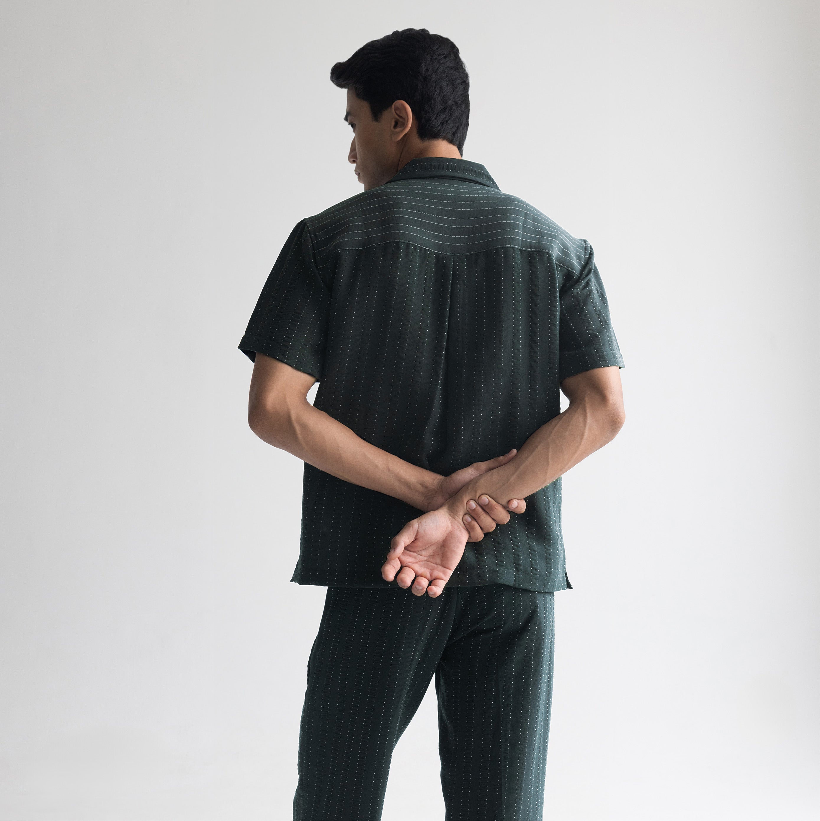 PINSTRIPE CUBAN SHIRT - FOREST GREEN
