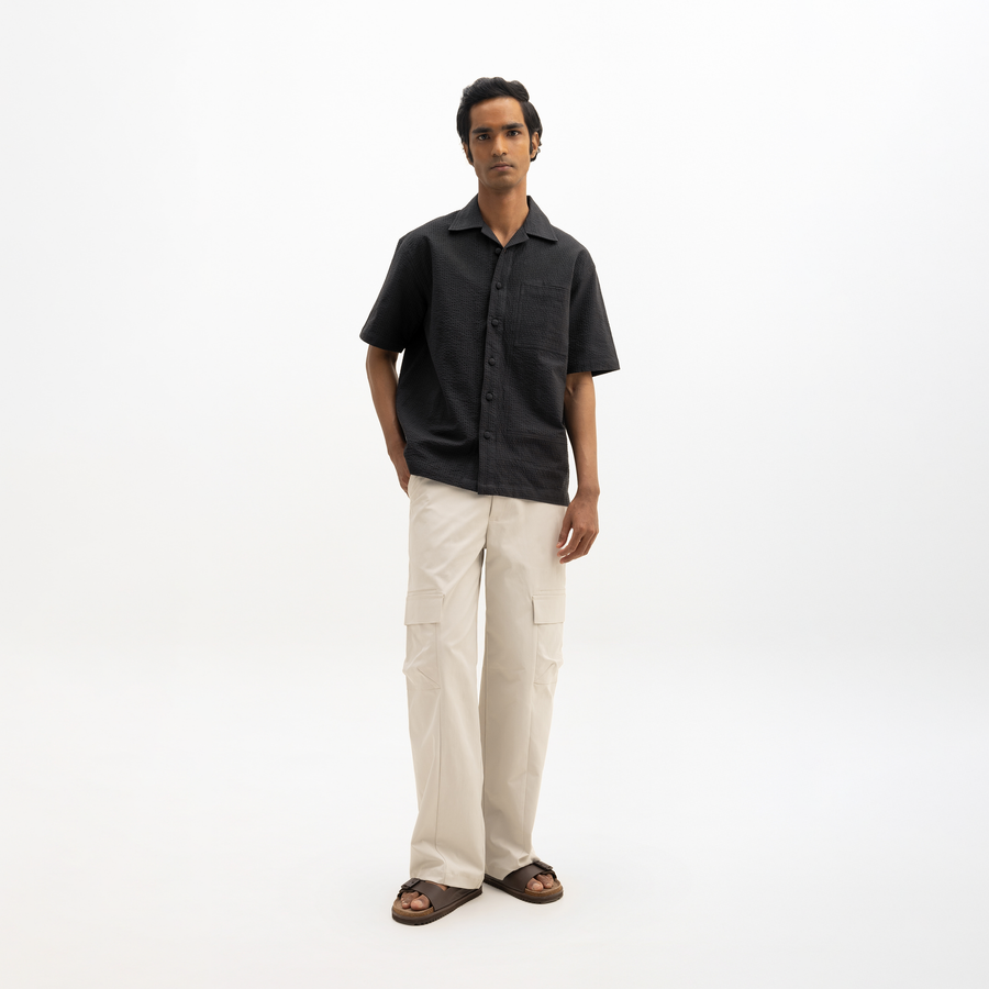 SEER SUCKER CUBAN SHIRT - BLACK