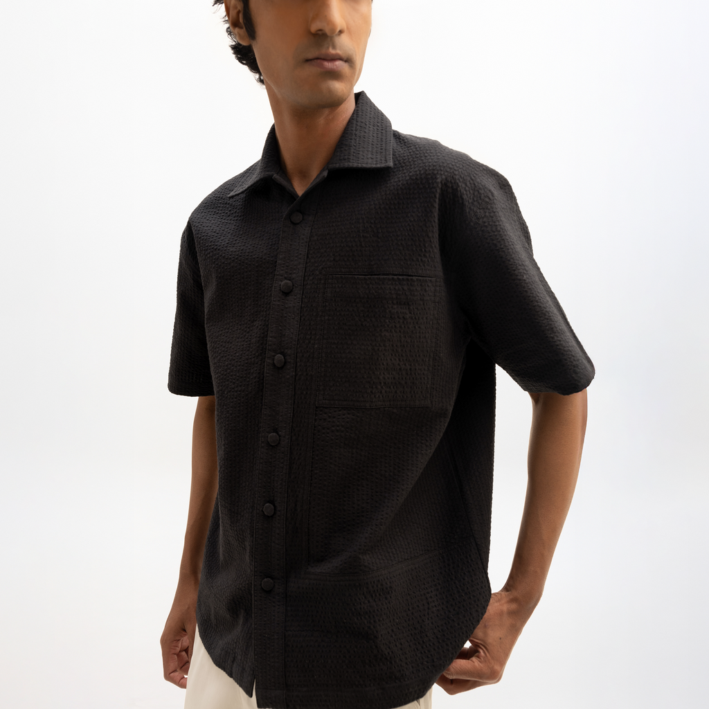 SEER SUCKER CUBAN SHIRT - BLACK