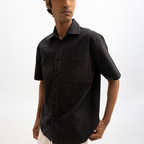 SEER SUCKER CUBAN SHIRT - BLACK