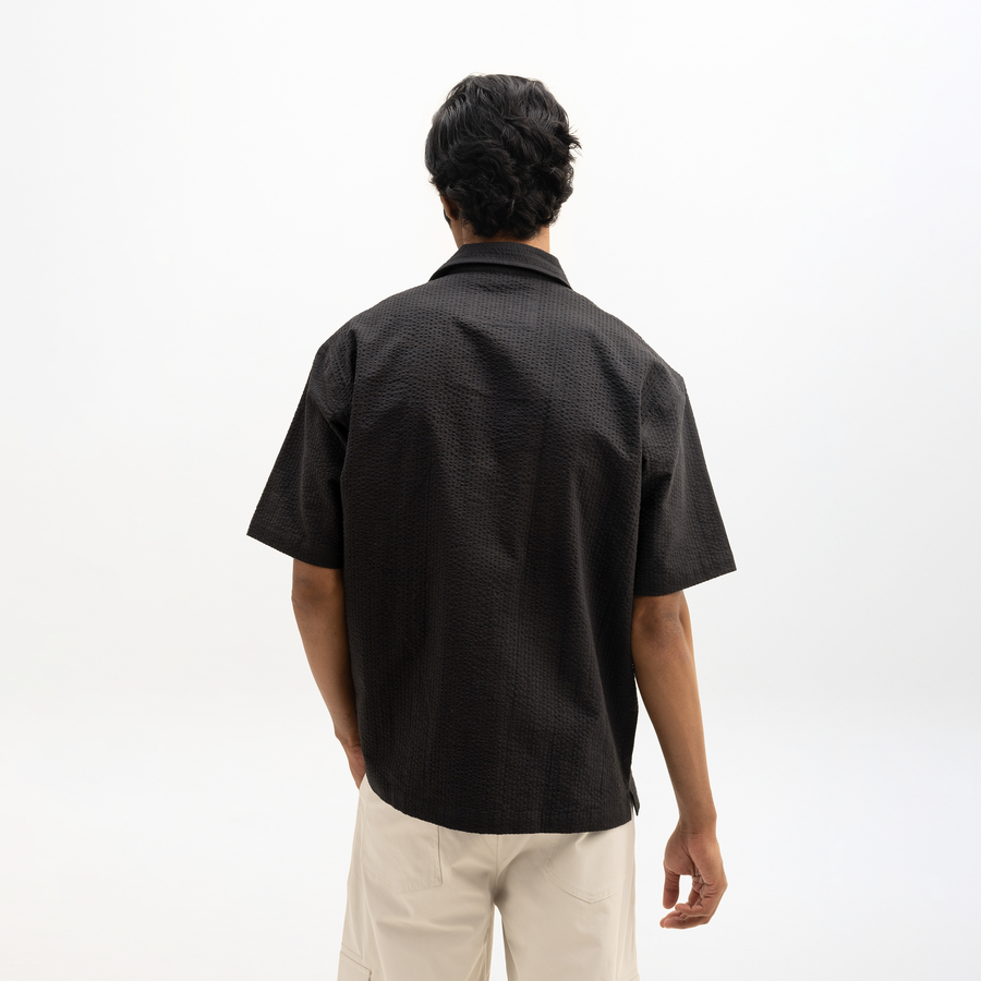 SEER SUCKER CUBAN SHIRT - BLACK