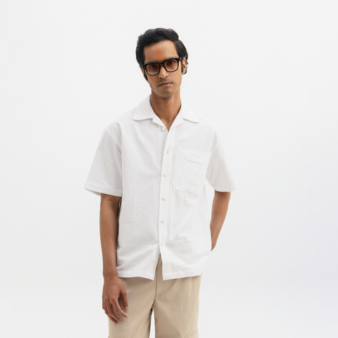 SEER SUCKER CUBAN SHIRT - WHITE