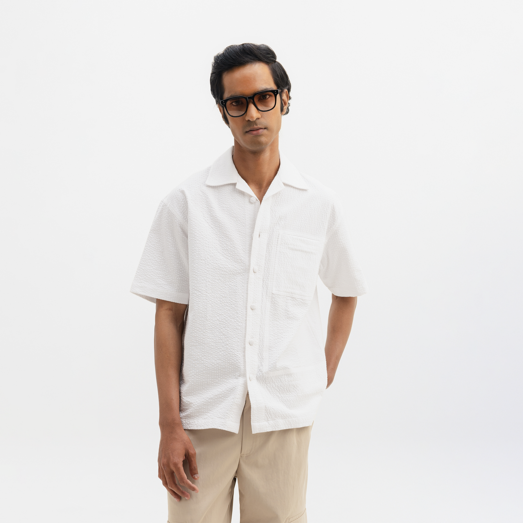 SEER SUCKER CUBAN SHIRT - WHITE