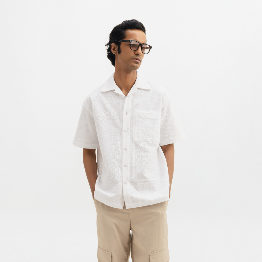 SEER SUCKER CUBAN SHIRT - WHITE