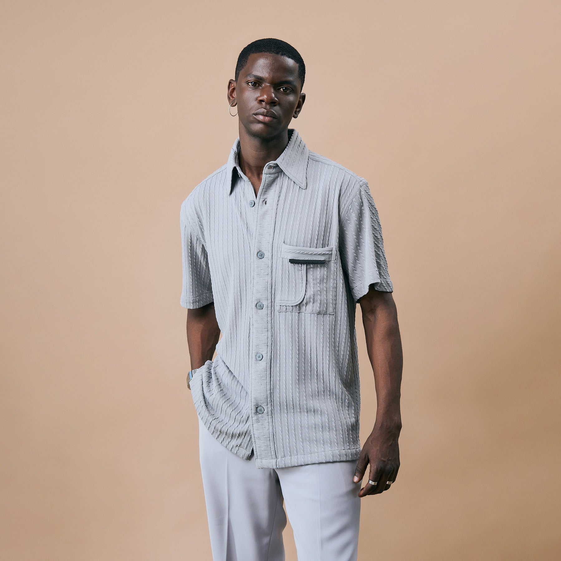 CABLE KNIT SHIRT- FROZEN GREY