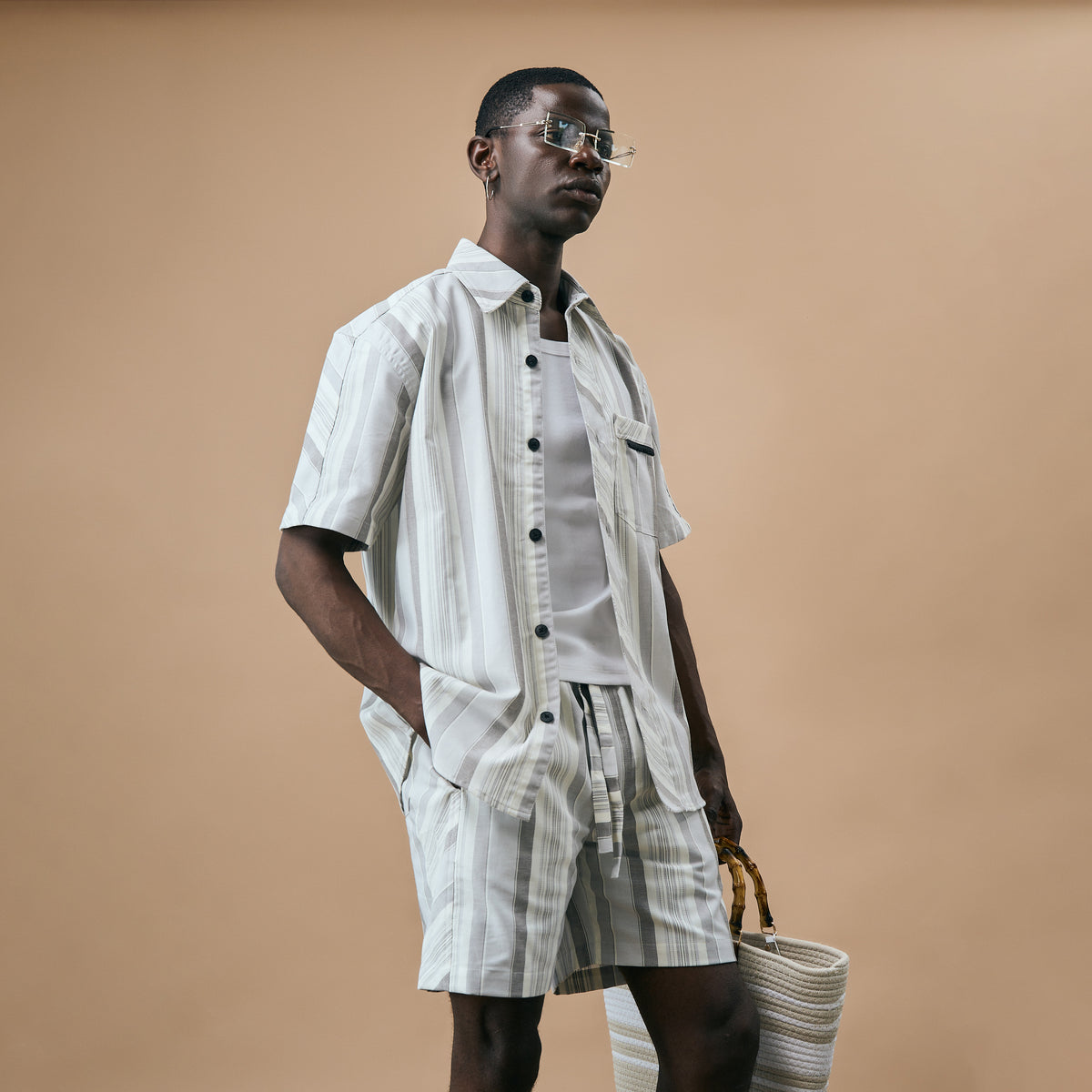 CROSS CUT STRIPE SHORTS- ICE BLUE