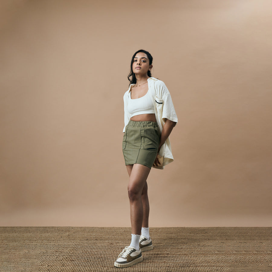 WARPED PANEL SKIRT- ARTICHOKE