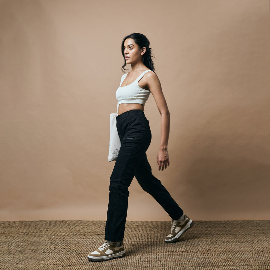 WARPED CUT HIGH RISE STRAIGHT LEG PANTS- CARBON BLACK