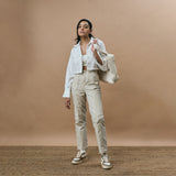 WARPED CUT HIGH RISE STRAIGHT LEG PANTS- OAT CREAM
