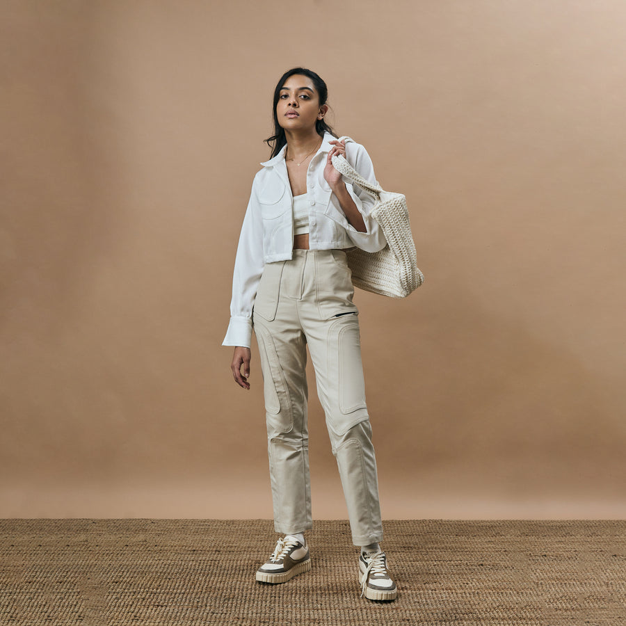 WARPED CUT HIGH RISE STRAIGHT LEG PANTS- OAT CREAM