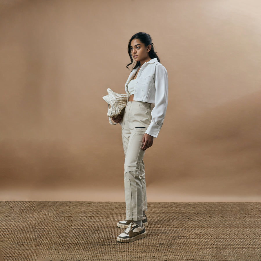 WARPED CUT HIGH RISE STRAIGHT LEG PANTS- OAT CREAM