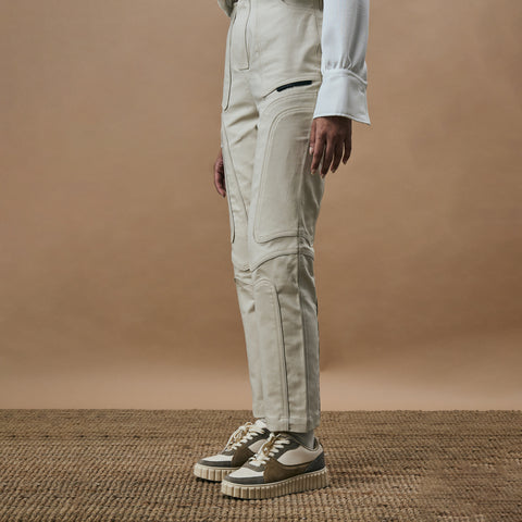 WARPED CUT HIGH RISE STRAIGHT LEG PANTS- OAT CREAM