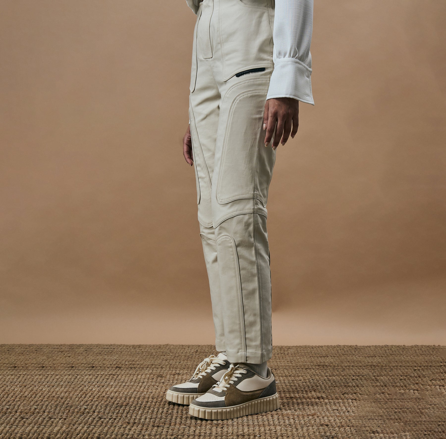 WARPED CUT HIGH RISE STRAIGHT LEG PANTS- OAT CREAM