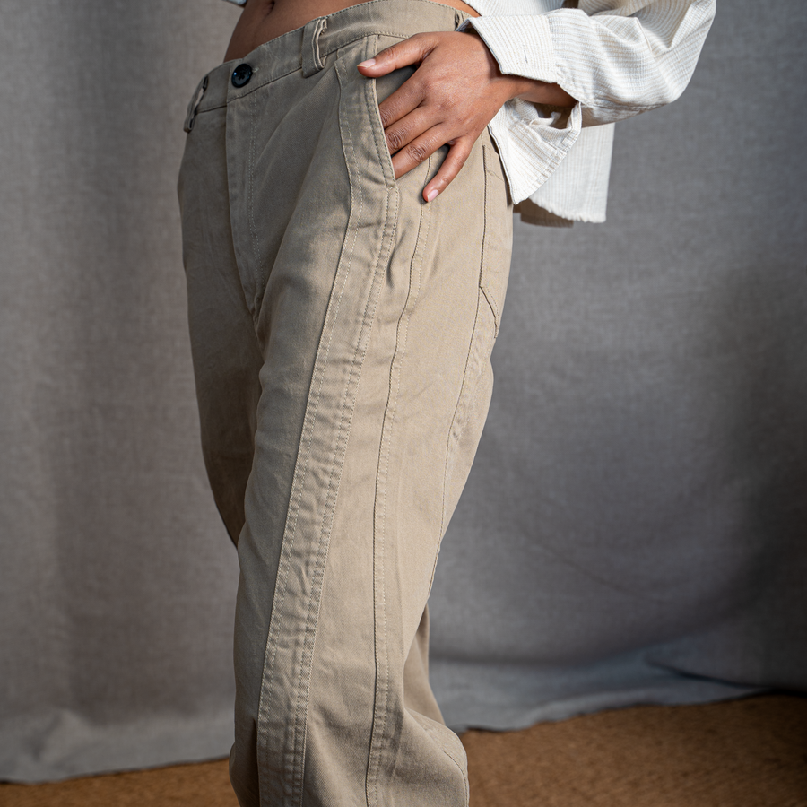 WIDE LEG PANELED PANTS- KHAKI