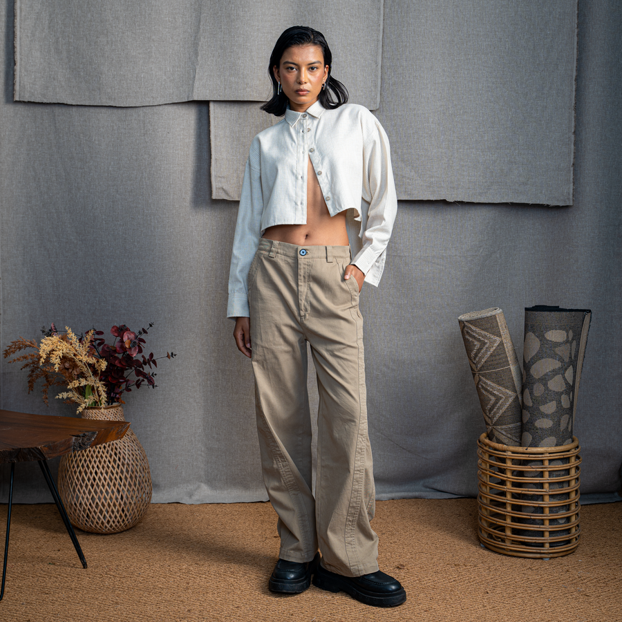 WIDE LEG PANELED PANTS- KHAKI