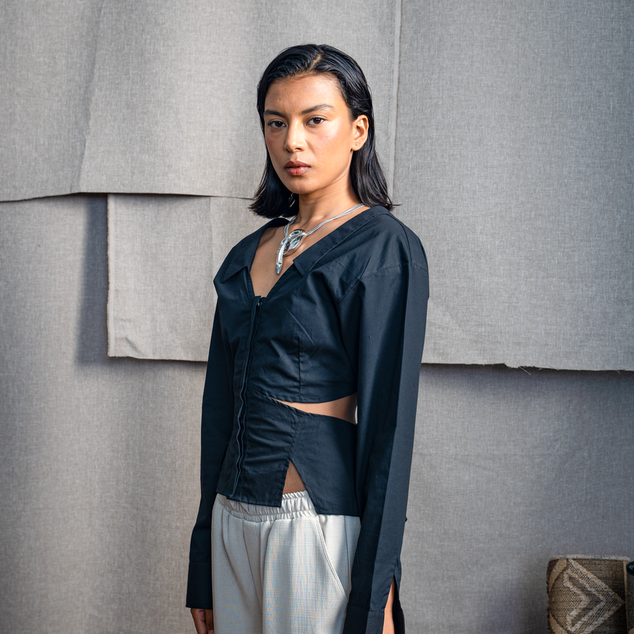 BUTTON DOWN PEPLUM- INK