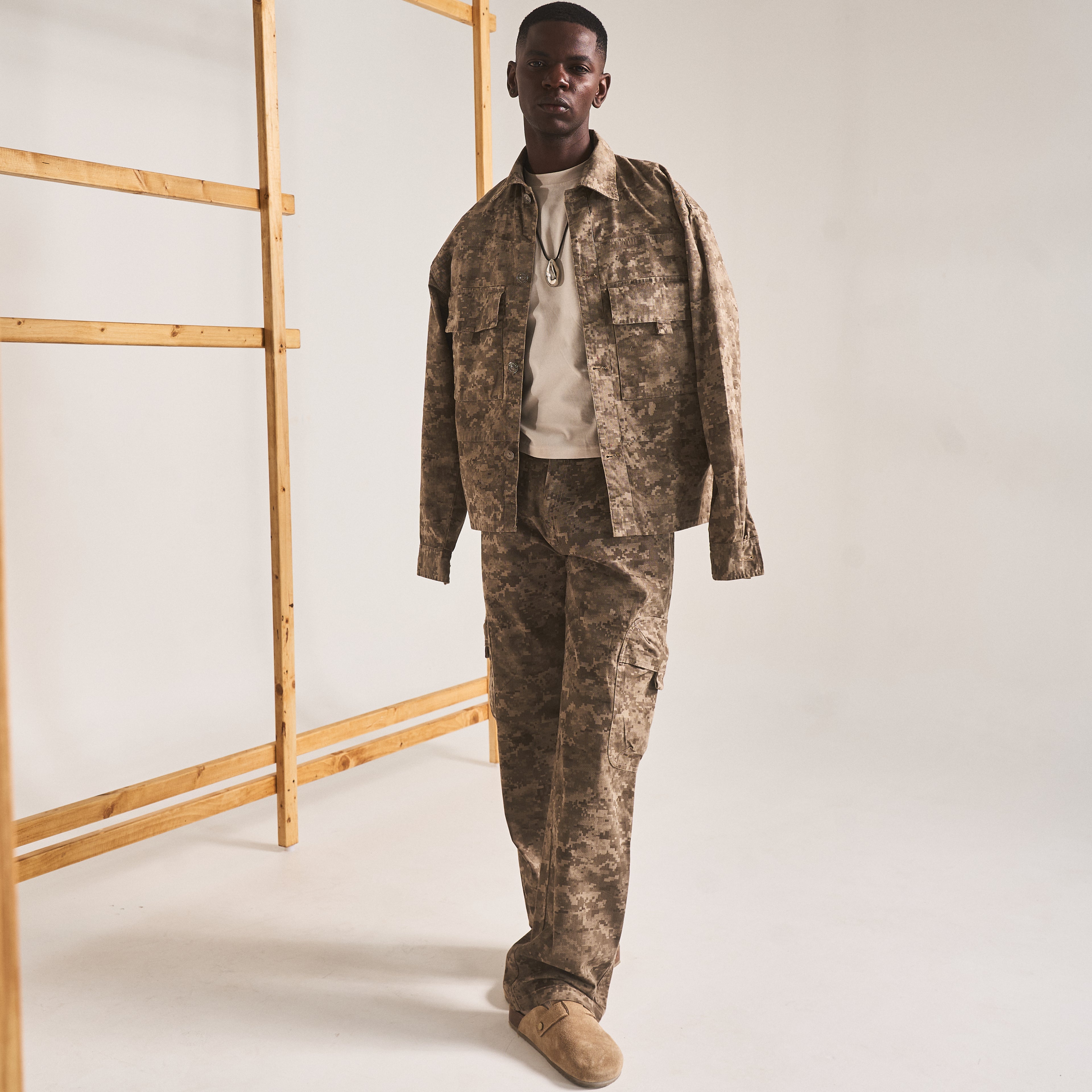 SPREAD COLLAR SHIRT JACKET - CAMO BROWN