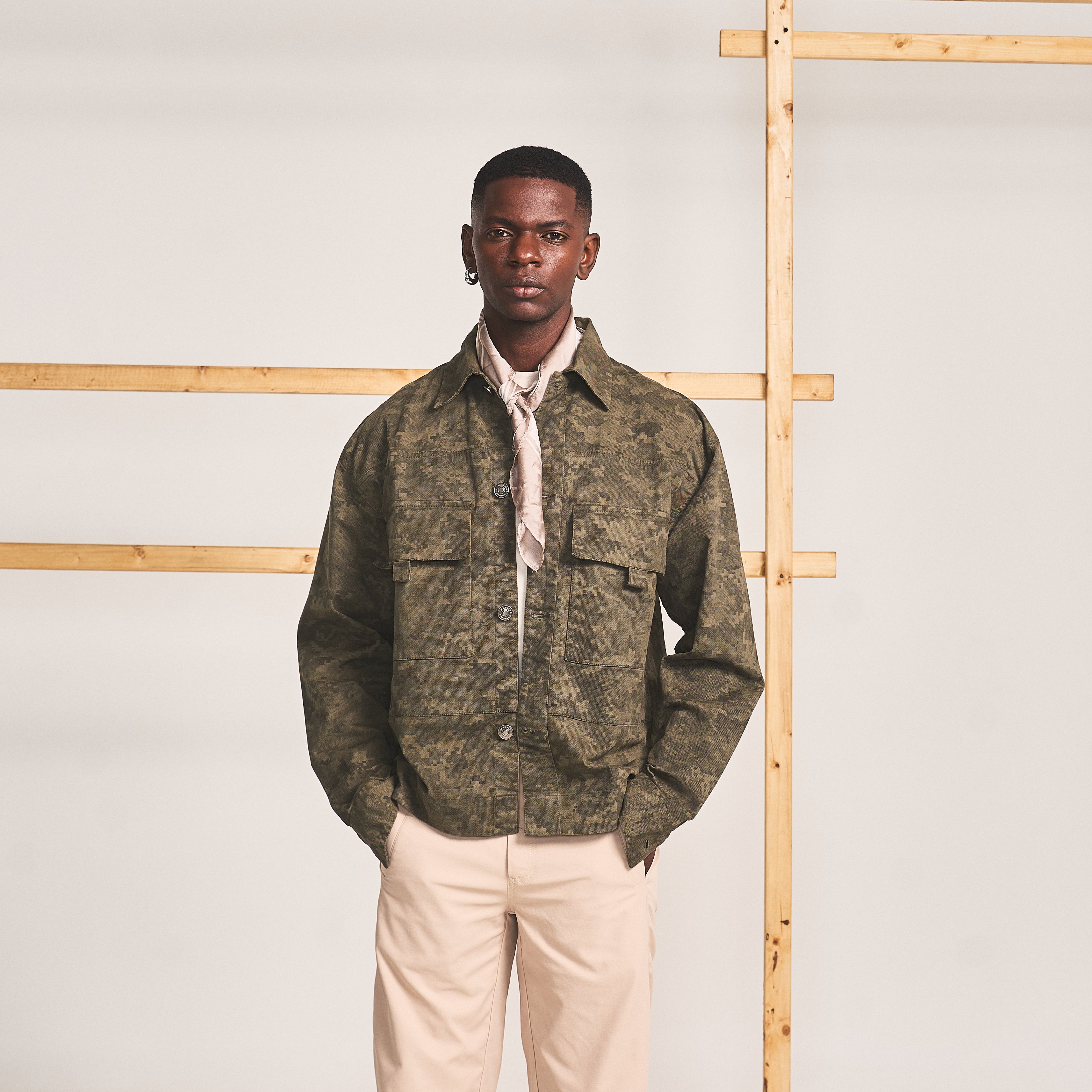 SPREAD COLLAR SHIRT JACKET - CAMO GREEN