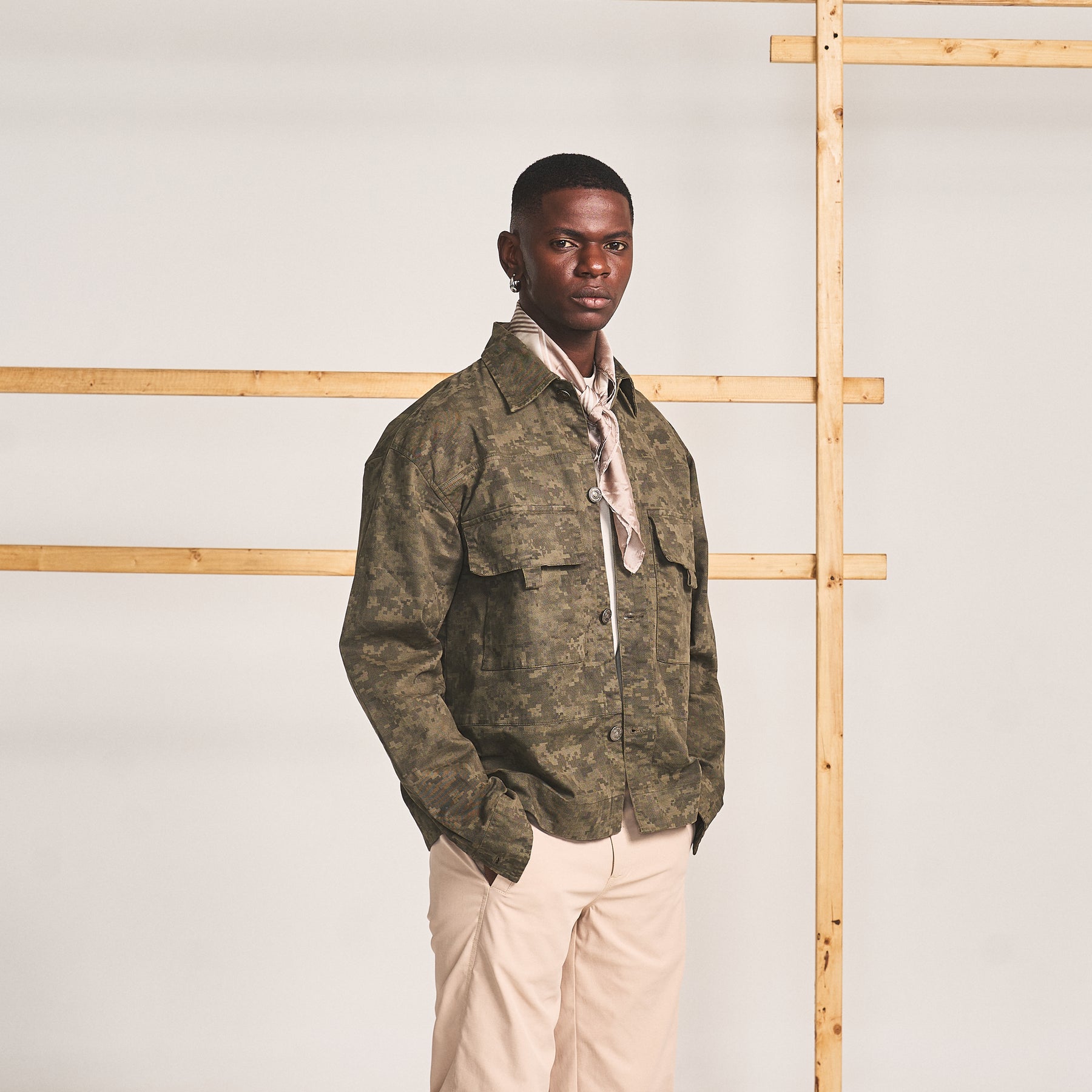 SPREAD COLLAR SHIRT JACKET- CAMO GREEN