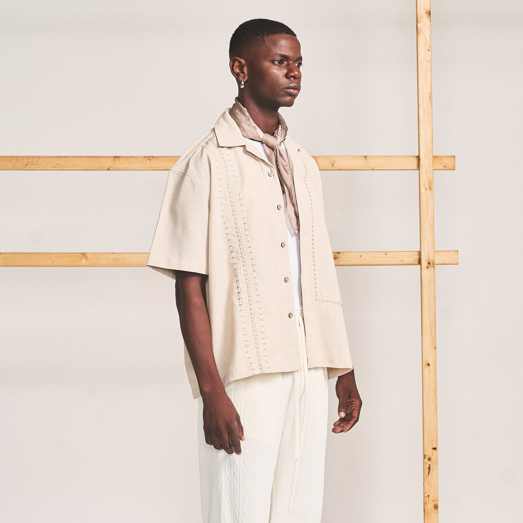 BLOCKED CROSS STITCH SHIRT- OAT