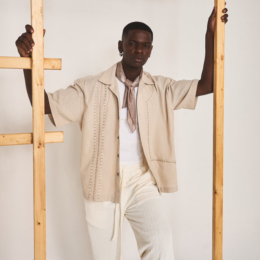 BLOCKED CROSS STITCH SHIRT- OAT