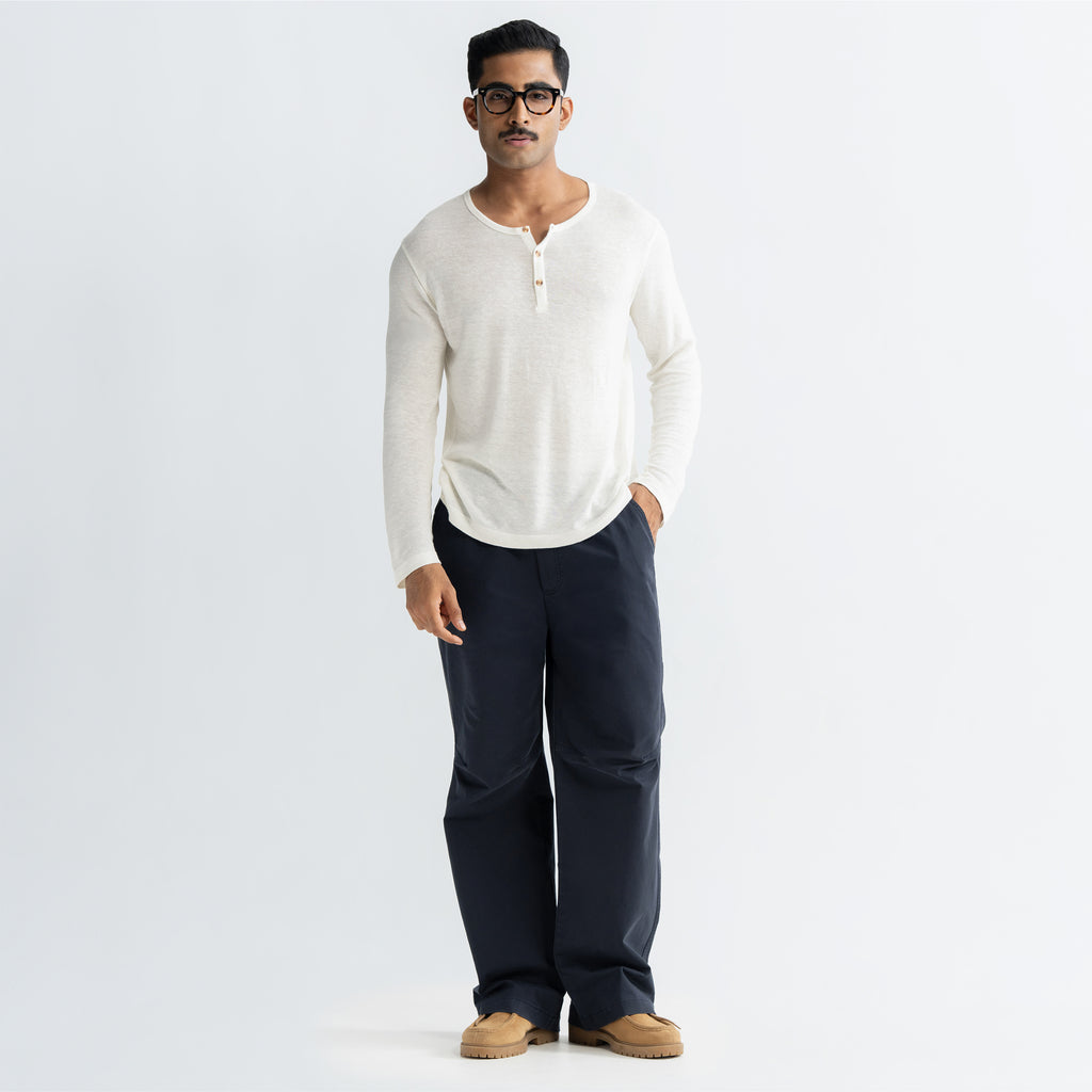 KNEE DART COTTON PANTS - NAVY