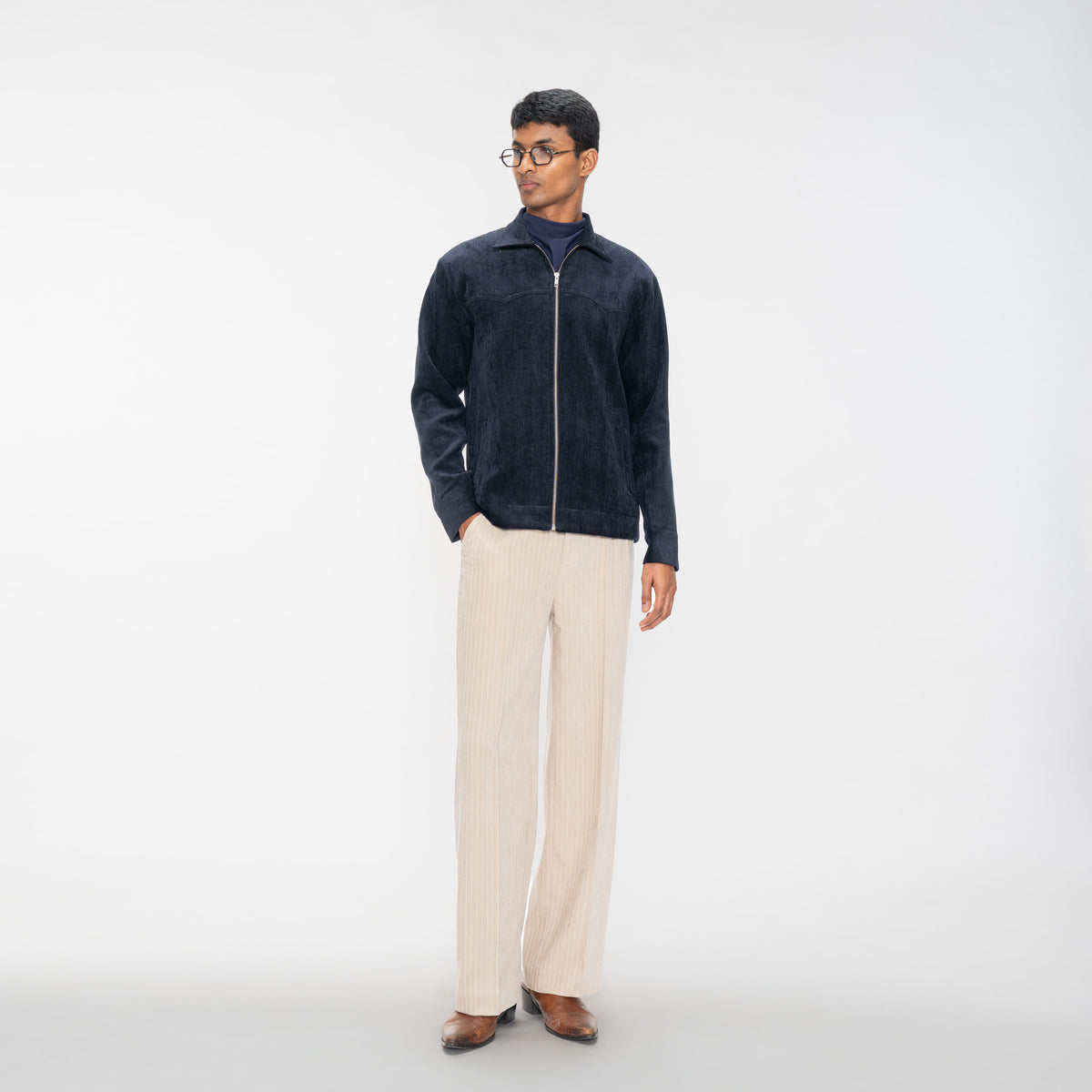 BRUSHED HERRINGBONE JACKET - NAVY