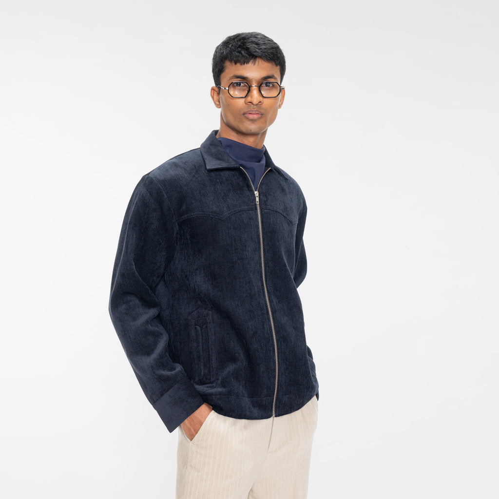 BRUSHED HERRINGBONE JACKET - NAVY