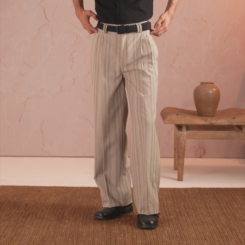 RELAXED FIT PINSTRIPE TROUSERS - BEIGE