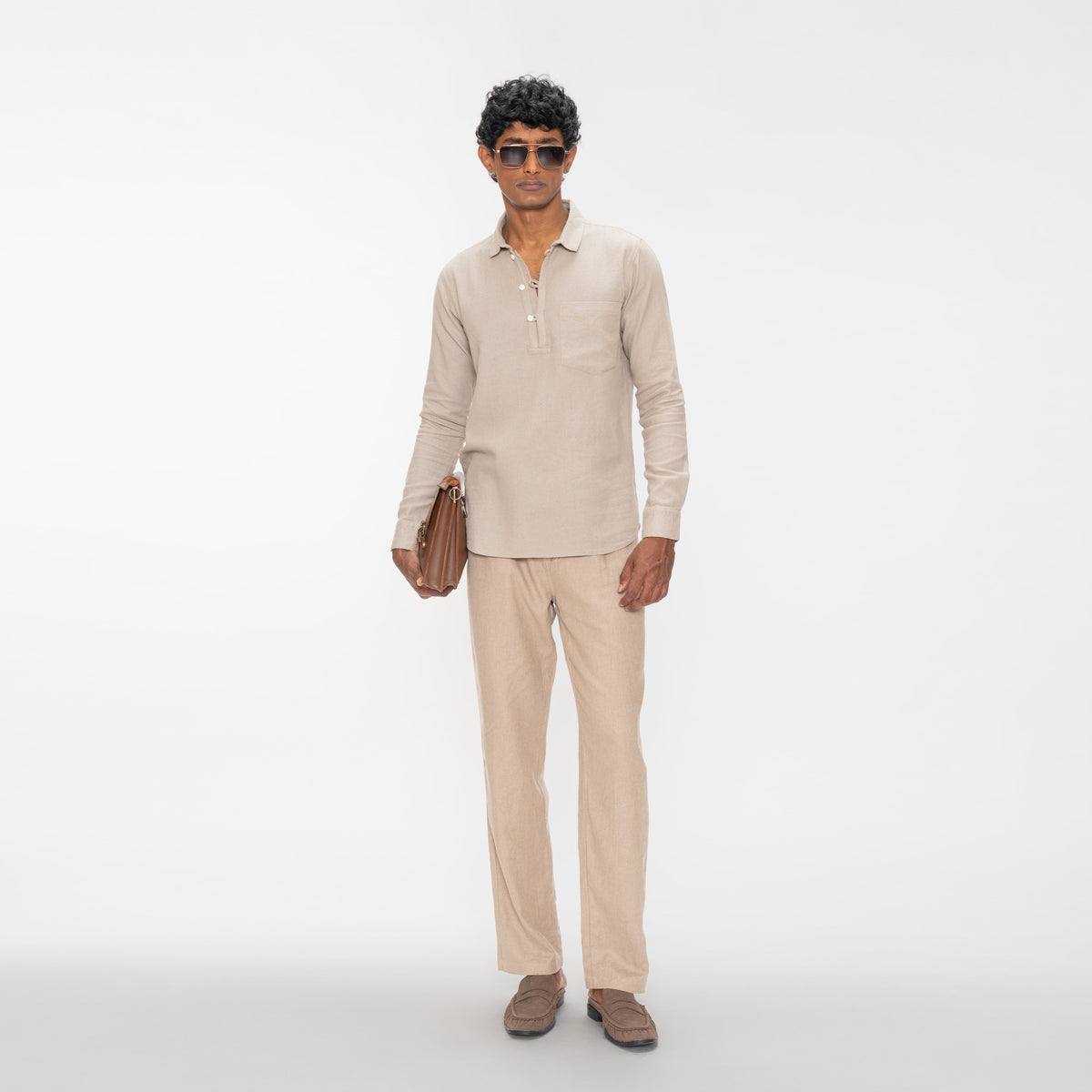 TEXTURED QUARTER PLACKET SHIRT - LIGHT BROWN