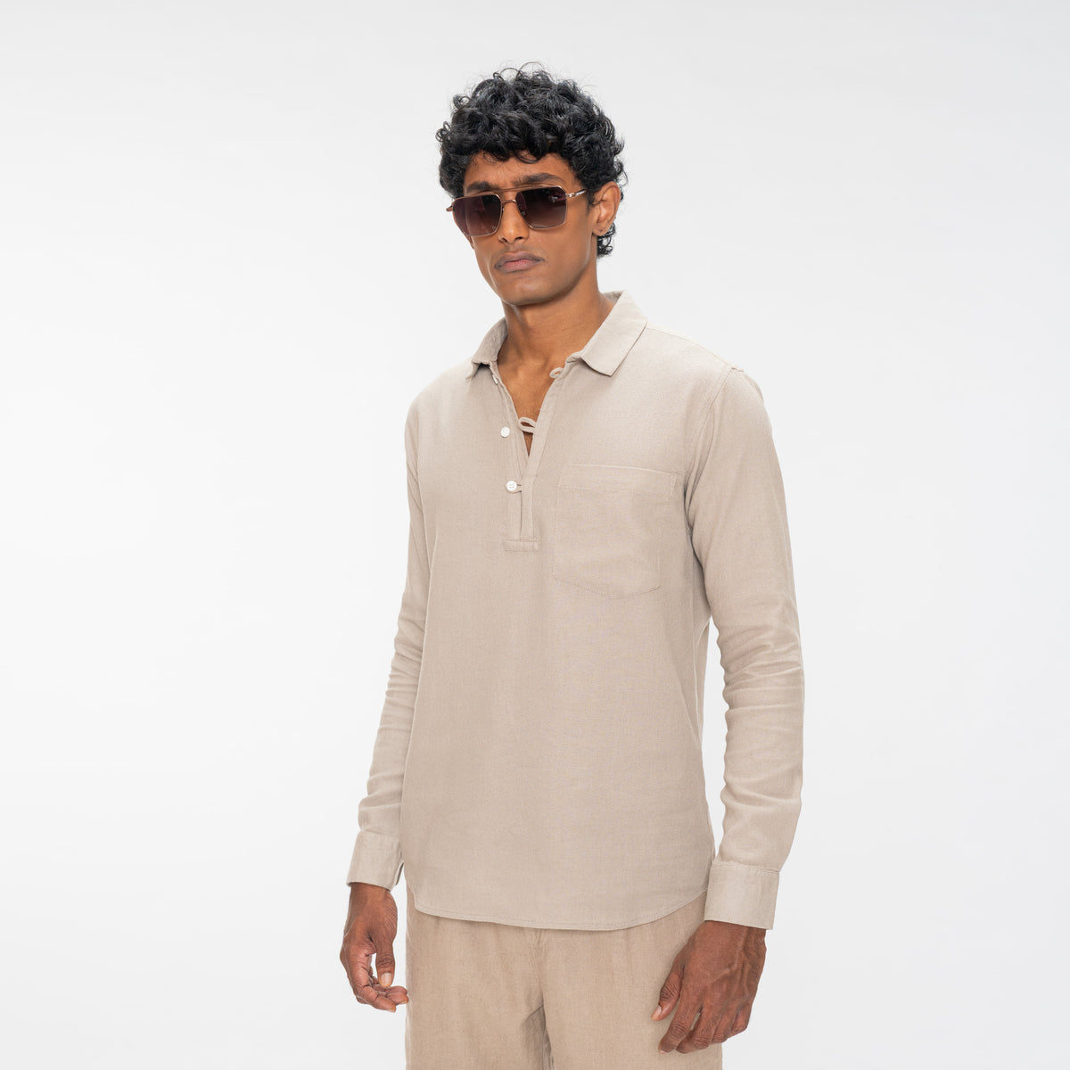 TEXTURED QUARTER PLACKET SHIRT - LIGHT BROWN