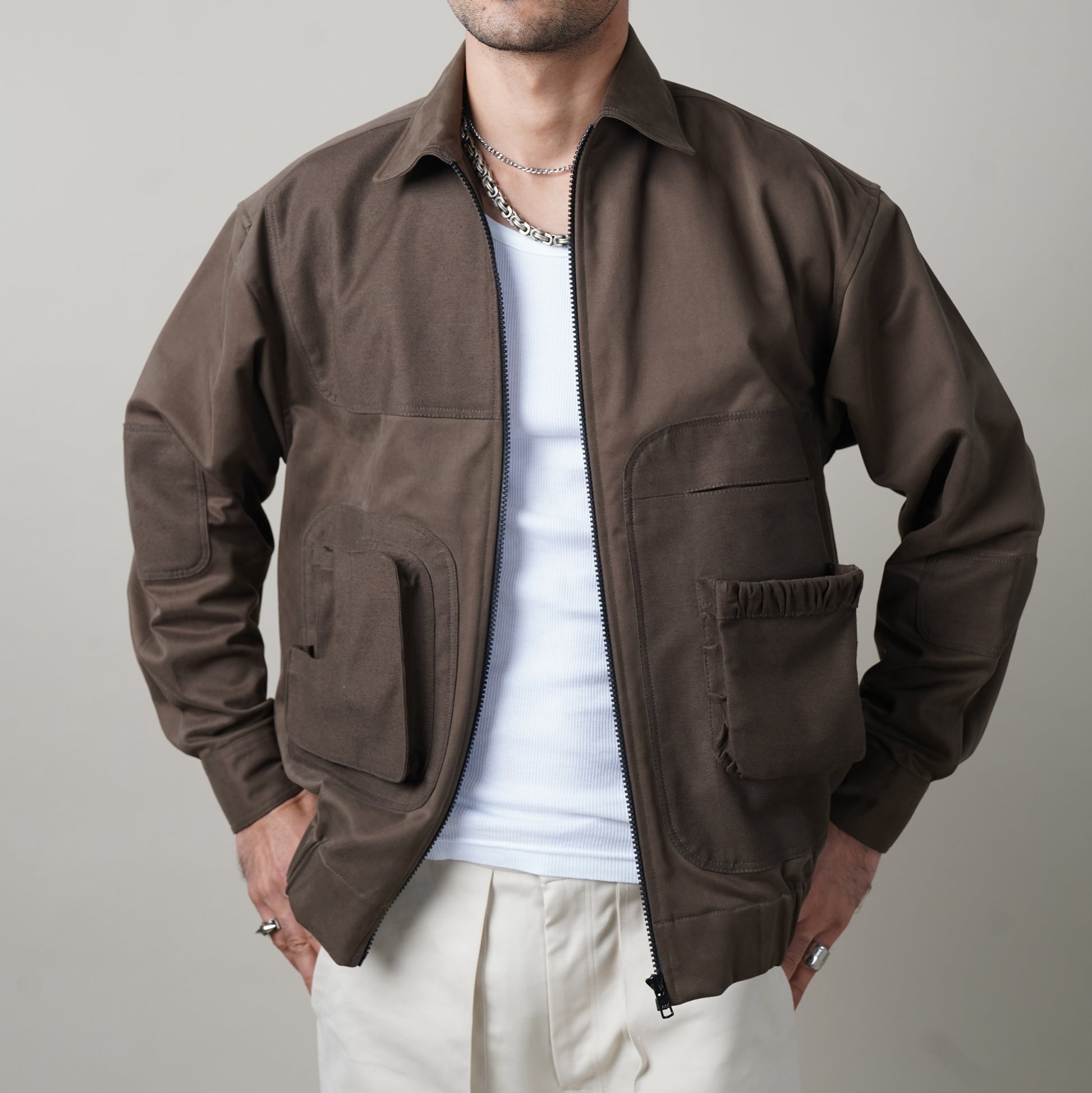 BOMBER JACKET, ONE OF ONE, 3D POCKETS, MENS FASHION, MENS JACKETS, HEAVYWEIGHT FABRIC, ONE PIECE COLLAR, 100% EGYPTIAN GIZA COTTON, MENS APPAREL, FALL/ WINTER, OUT FIT INSPIRATION, JACKETS, BROWN BOMBER JACKETS, people also ask 