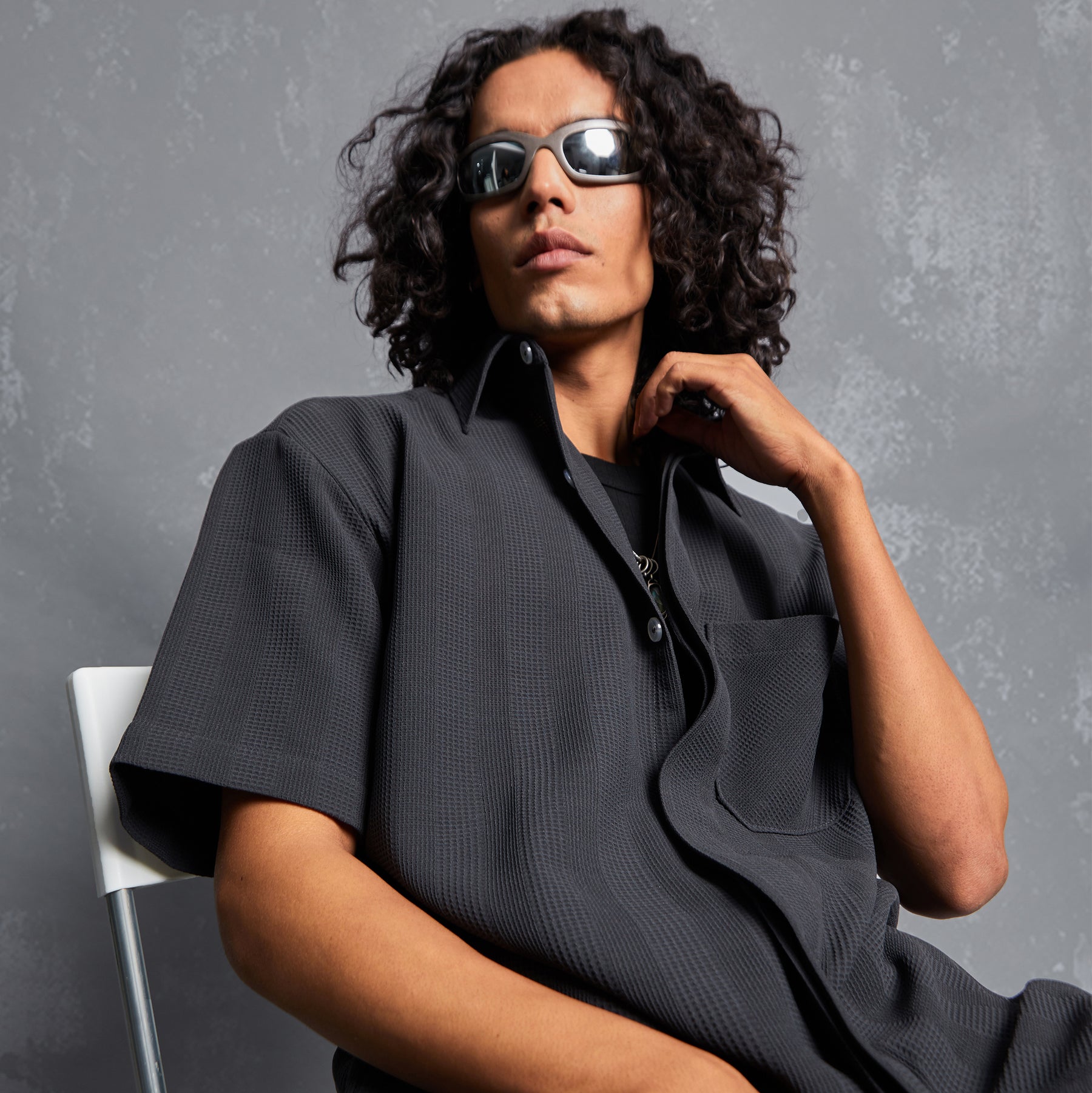 waffle checkered print, bmw shirt, anchor grey, mens shirts, mens style, model editorial, pocket detailing, size M, relaxed fit, summer outfit for men, people also ask