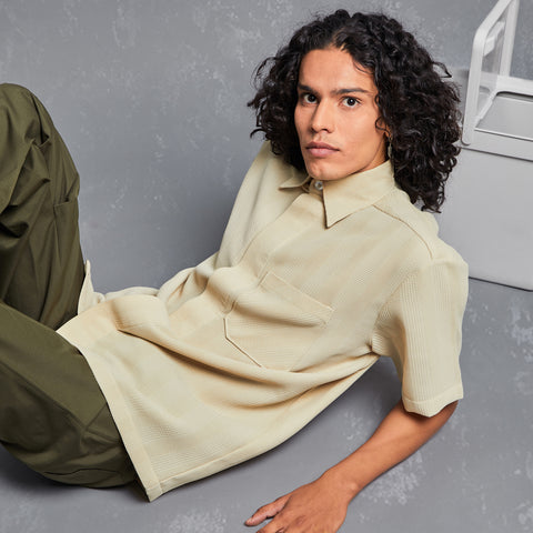 shirt, ivory colourway, mens shirt, half sleeve, summer inspiration, summer shirts for men, shirts for men, shirts for women, waffle checkered pattern, warping theories, people also ask