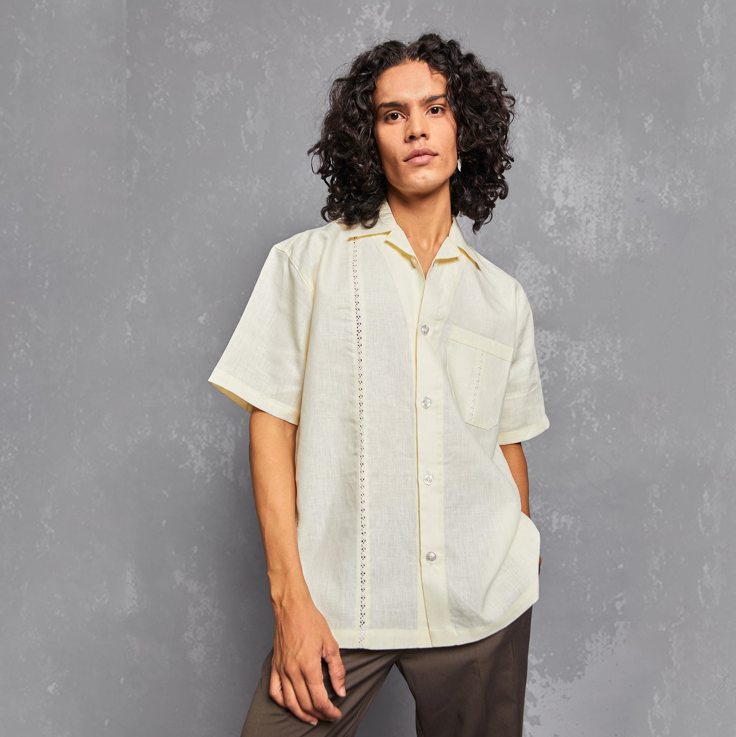shirt. straight fit, linen shirt, creme, creme white, laced up, laced up linen, summer fits, model, aesthetic editorial, one piece cuban collar, people also ask 