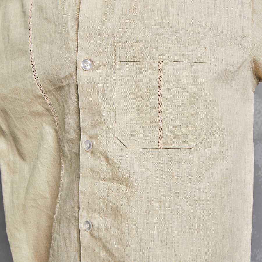 close up, shirt, details, breathable lightweight fabric, cuban collar, laced up detail on pocket, tailored fit, pocket utility, chic look, formal tailored, people also ask 